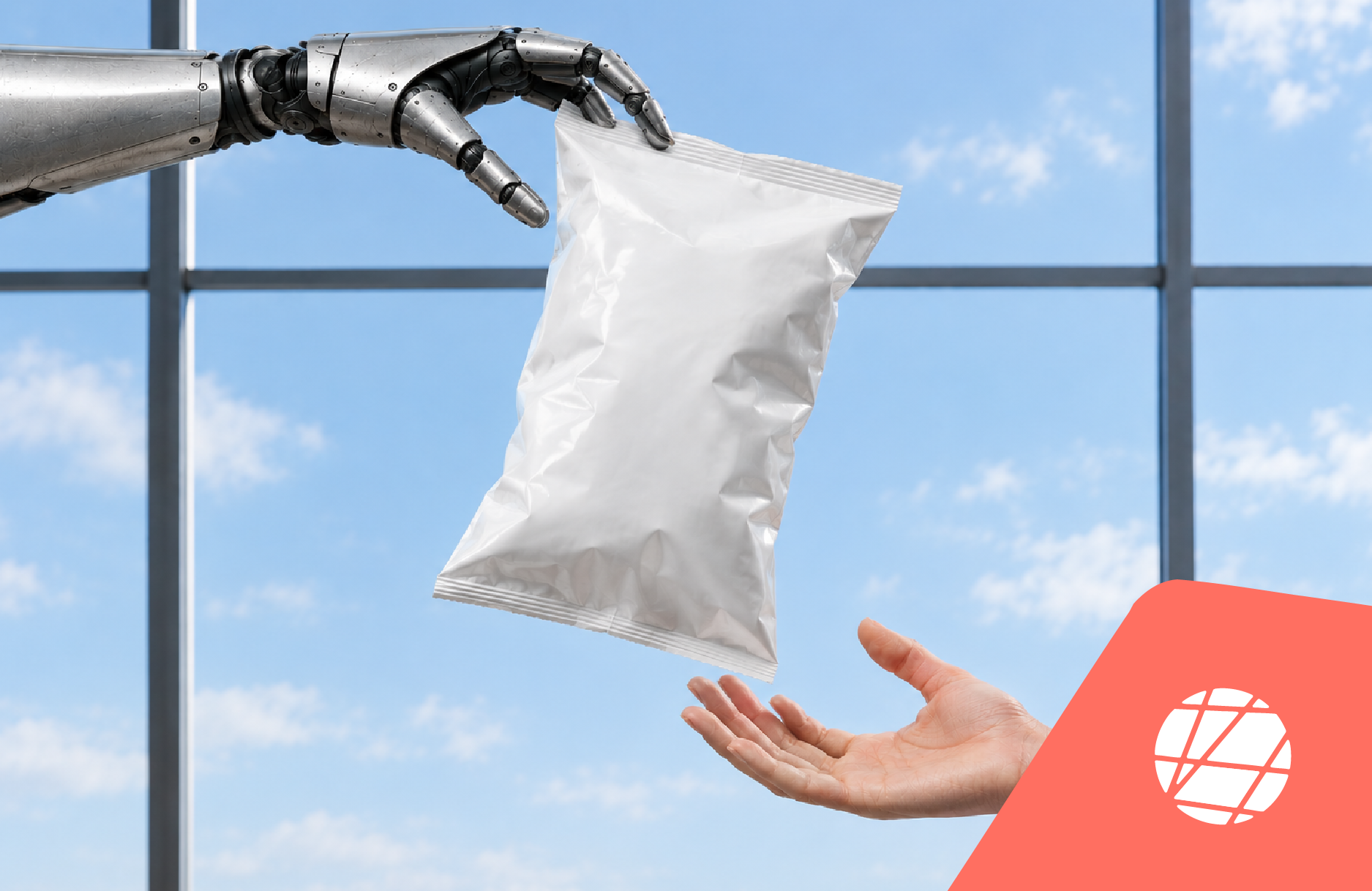 robot and human hands holding a packaging